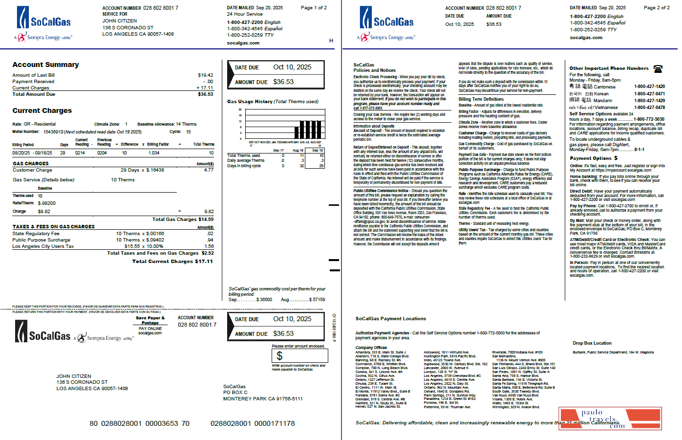 USA So Cal Gas utility bill template in Word and PDF formats, 2 pages, version 2